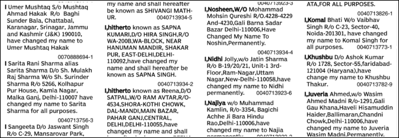 Types of Name Change Ads Published in Times of India Newspaper